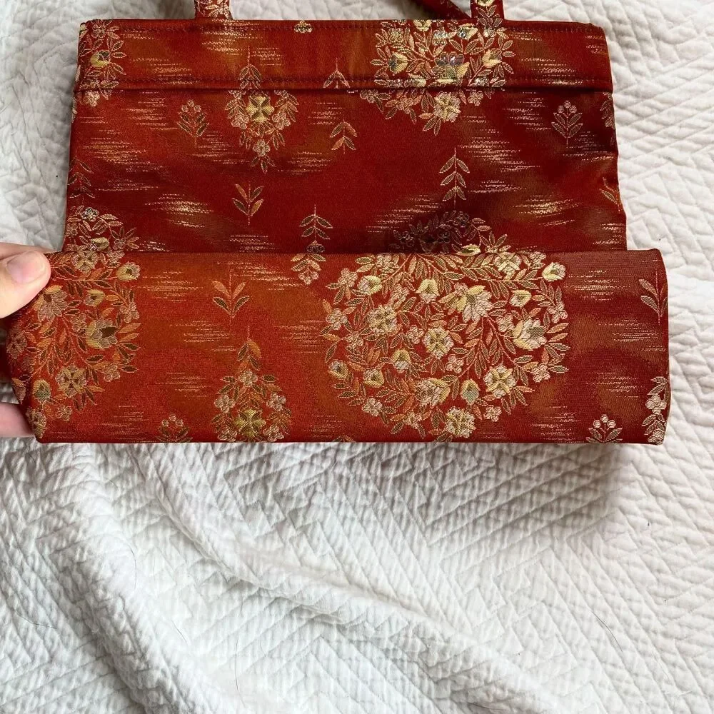 Vintage 90s Asian Boho Retro Orange Gold Top Handle Tapestry Mini Bag